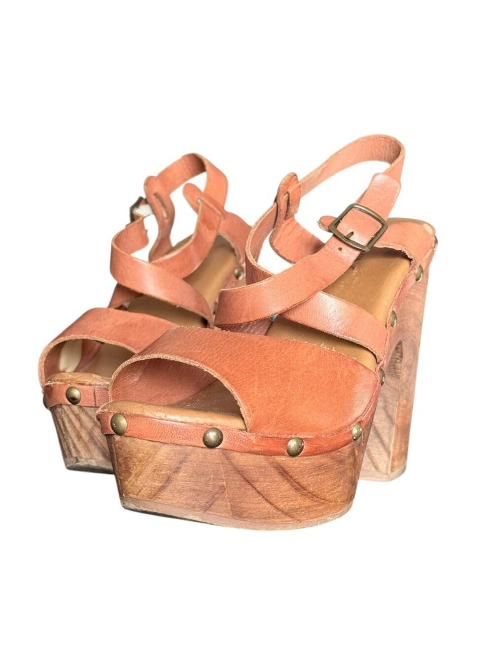 SHOEMINT Vintage Style Brown Leather Wooden Platform Studded Sandals Clogs